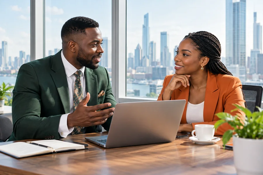 Professional working with a colleague in an international office